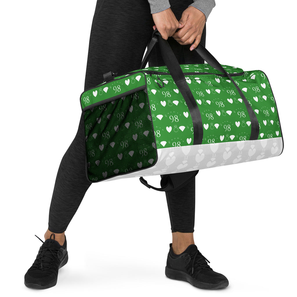 Daemon Luxury Belly Red’s Garden Enriched Bloom duffle bag with all-over floral print, white background, right-front view