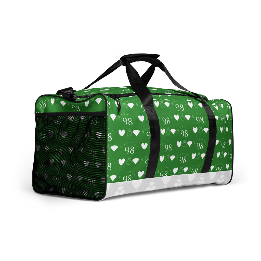 Daemon Luxury Belly Red’s Garden enriched bloom duffle bag with all-over white print, right front view.