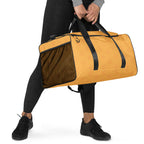 Daemon Luxury Makara Coroner duffle bag with all-over white print, featuring detailed artwork on the right front side.