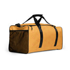 Daemon Luxury Makara Coroner duffle bag with all-over white print, featuring detailed artwork on the right front side.