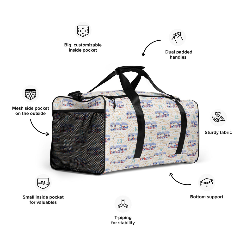 Daemon Luxury Honeybee Intel forecast duffle bag with all-over white print, right front view showing detailed design.