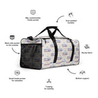 Daemon Luxury Honeybee Intel forecast duffle bag with all-over white print, right front view showing detailed design.