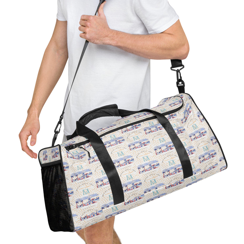 Honeybee Intel forecast duffle bag by Daemon Luxury with all-over white print, right front view showing detailed design.