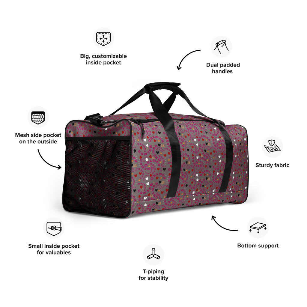 Daemon Luxury Carnival Bay Picasso Mirrors duffle bag with all-over white print, showing the right front view.