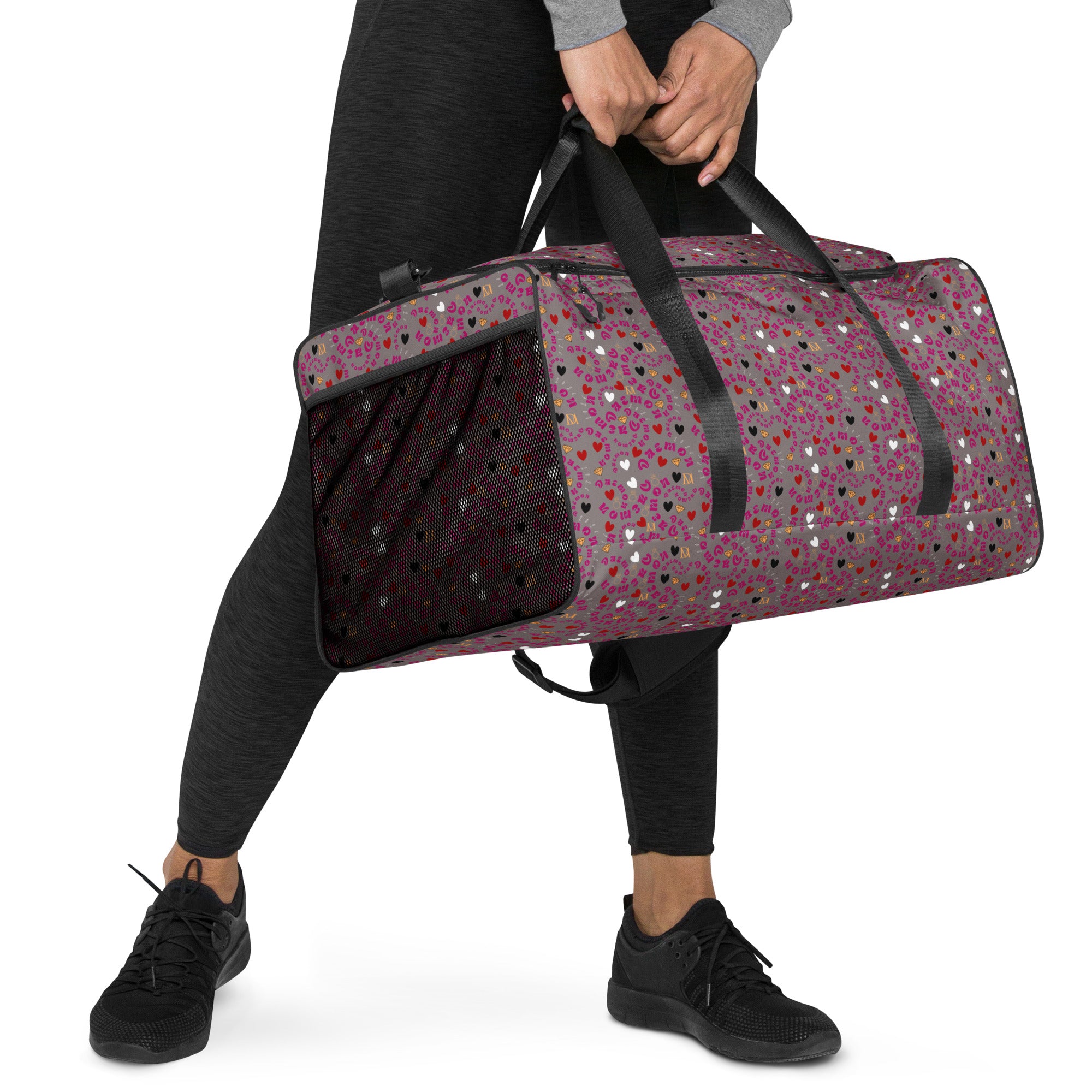 Daemon Luxury Carnival Bay Picasso Mirrors Borsone duffle bag with all-over white print, right front view.