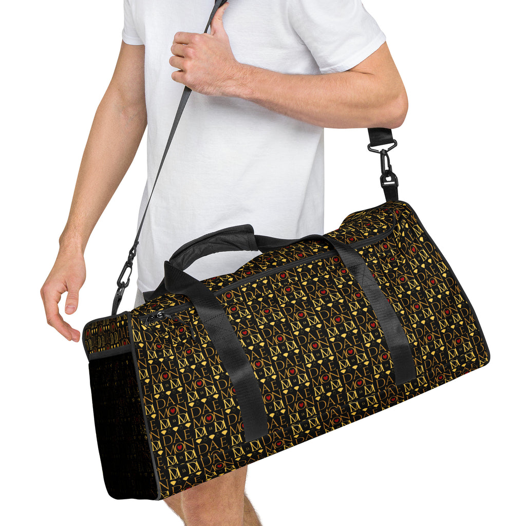 Daemon Luxury Sun Glow California all-over-print duffle bag in white, showing front and side view with vibrant design.