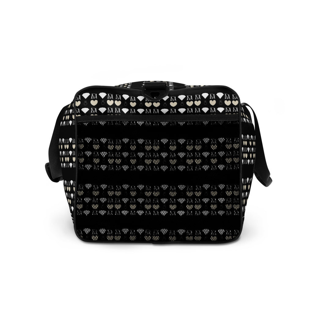 White Daemon Frosted Diamonds Rich Love duffle bag with all-over print on the right side, featuring a stylish and spacious design.