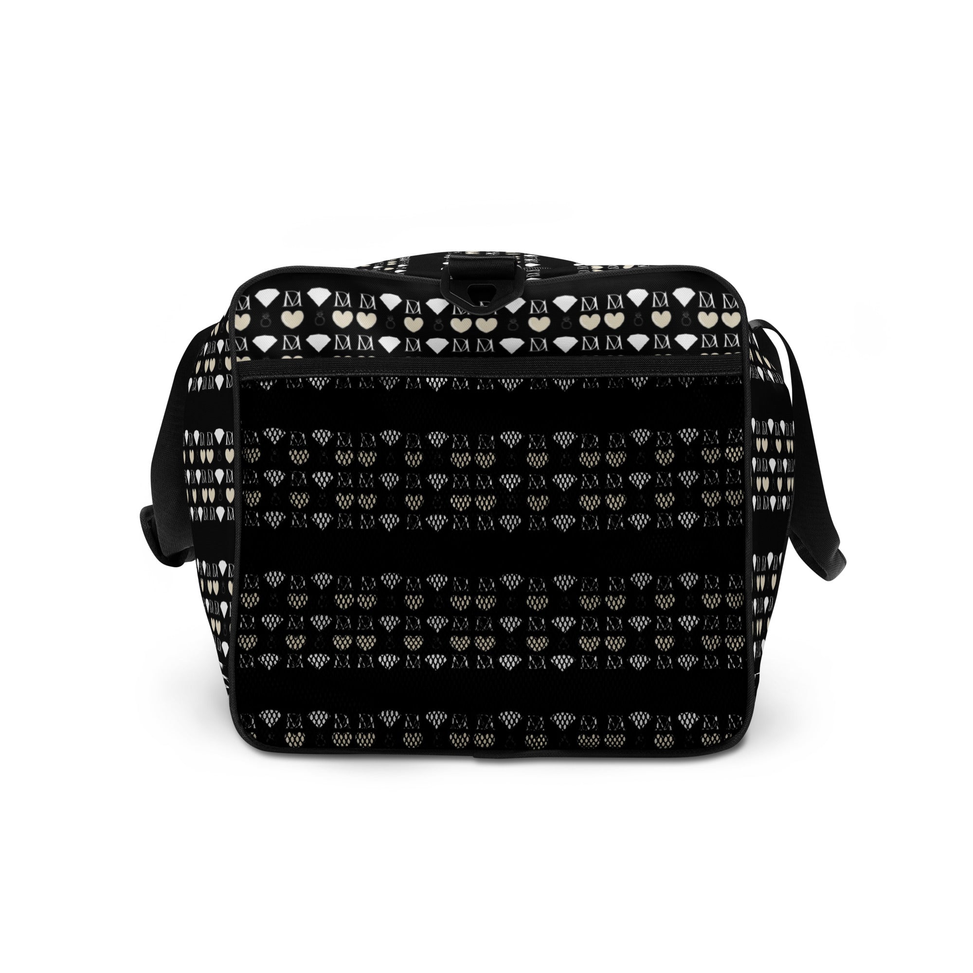 White Daemon Frosted Diamonds Rich Love duffle bag with all-over print on the right side, featuring a stylish and spacious design.
