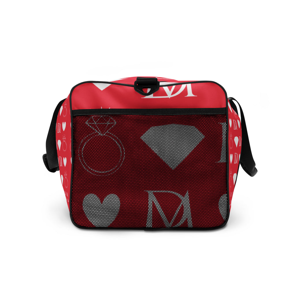 Daemon Frosted Diamonds La Flame Borsone duffle bag with all-over white print, showing the right side of the stylish travel bag