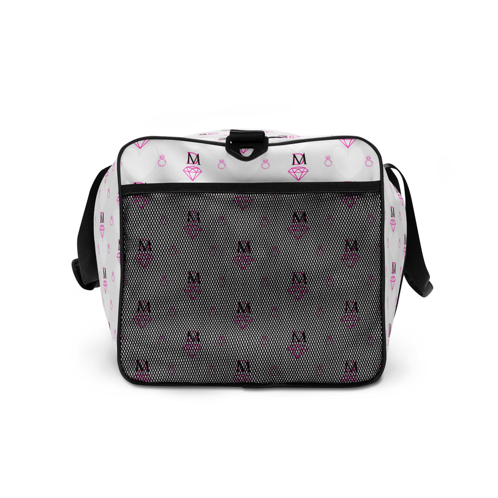 Frosted Hearts Artica design on white Daemon Luxury Borsone duffle bag with all-over print, right side view.