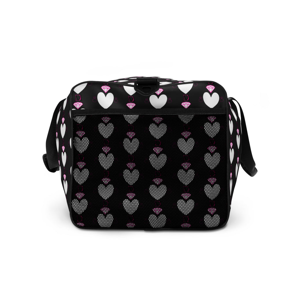 Frosted Hearts Nemesis Borsone duffle bag from Daemon Luxury with all-over white print and sturdy handles, right side view.
