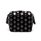 Frosted Hearts Nemesis Borsone duffle bag from Daemon Luxury with all-over white print and sturdy handles, right side view.