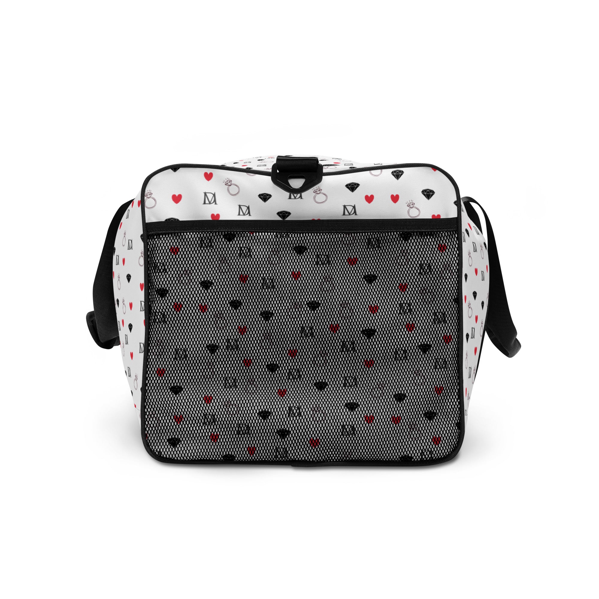 Daemon Luxury Speckled Diamonds Artica Blizzard duffle bag with all-over white and diamond pattern, right side view.