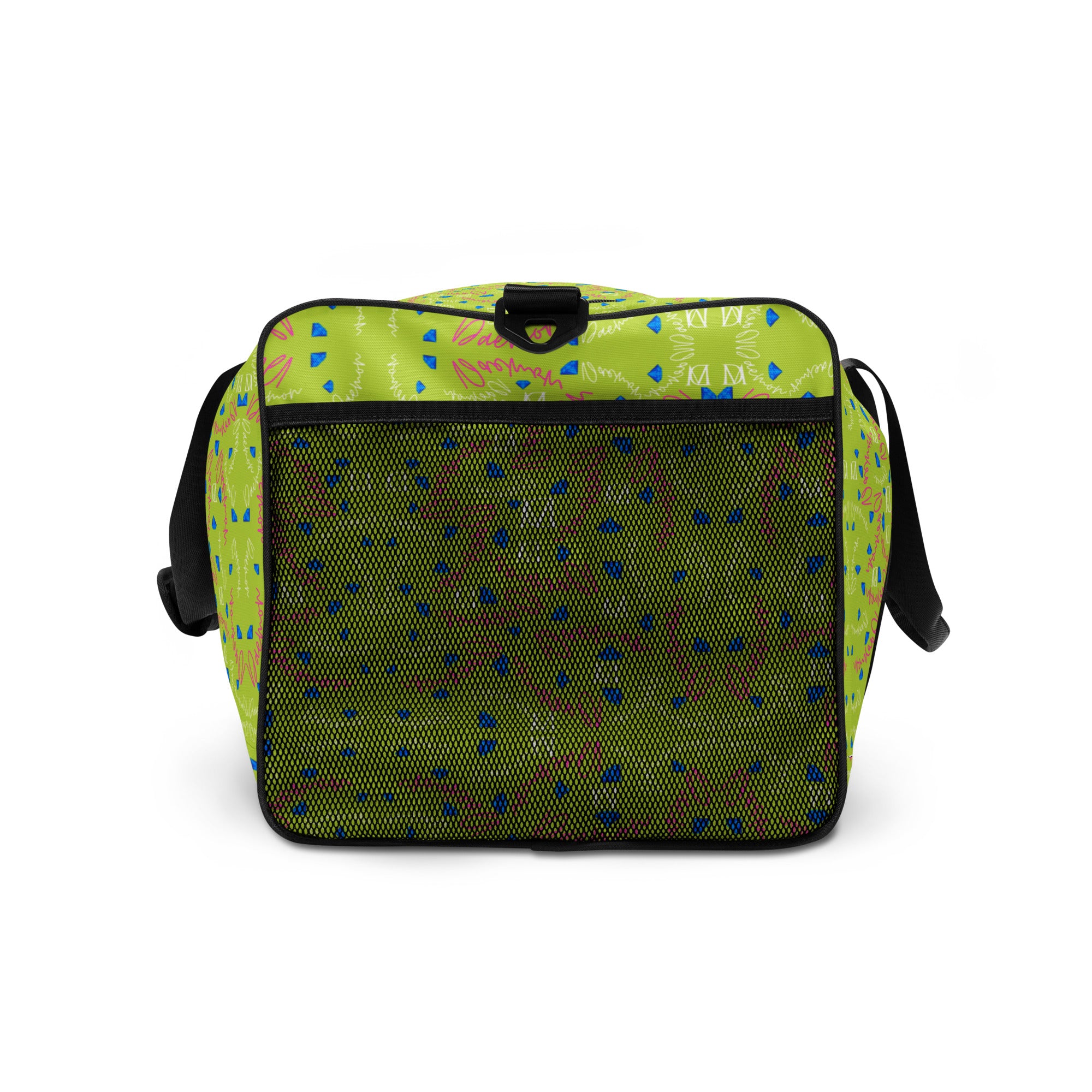 Daemon Luxury Picasso Mirrors Seven Seas Ave Borsone duffle bag with all-over white print, right side view showing handles and design details.