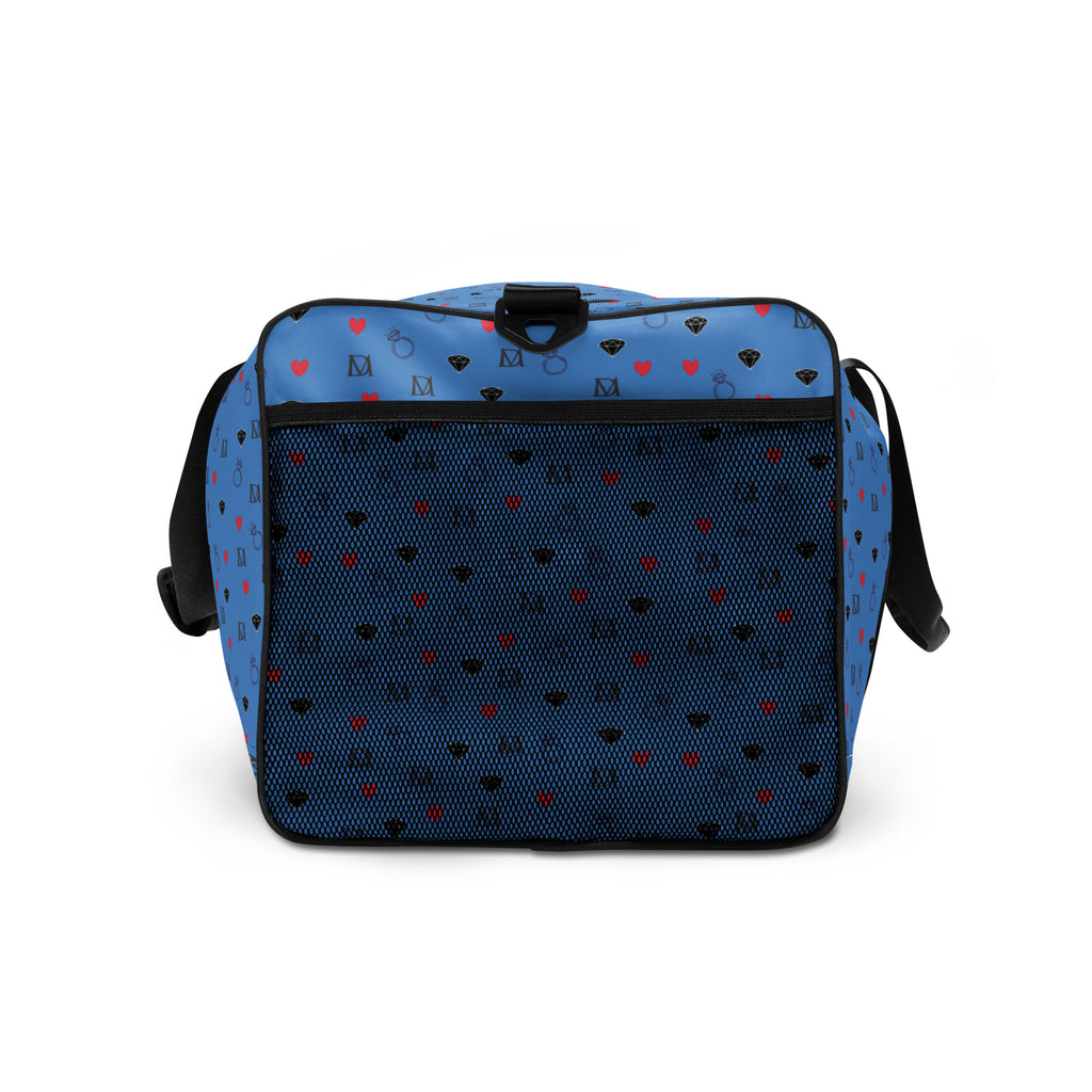 Daemon Luxury speckled diamonds all-over-print duffle bag in white, showing the right side with stylish design.
