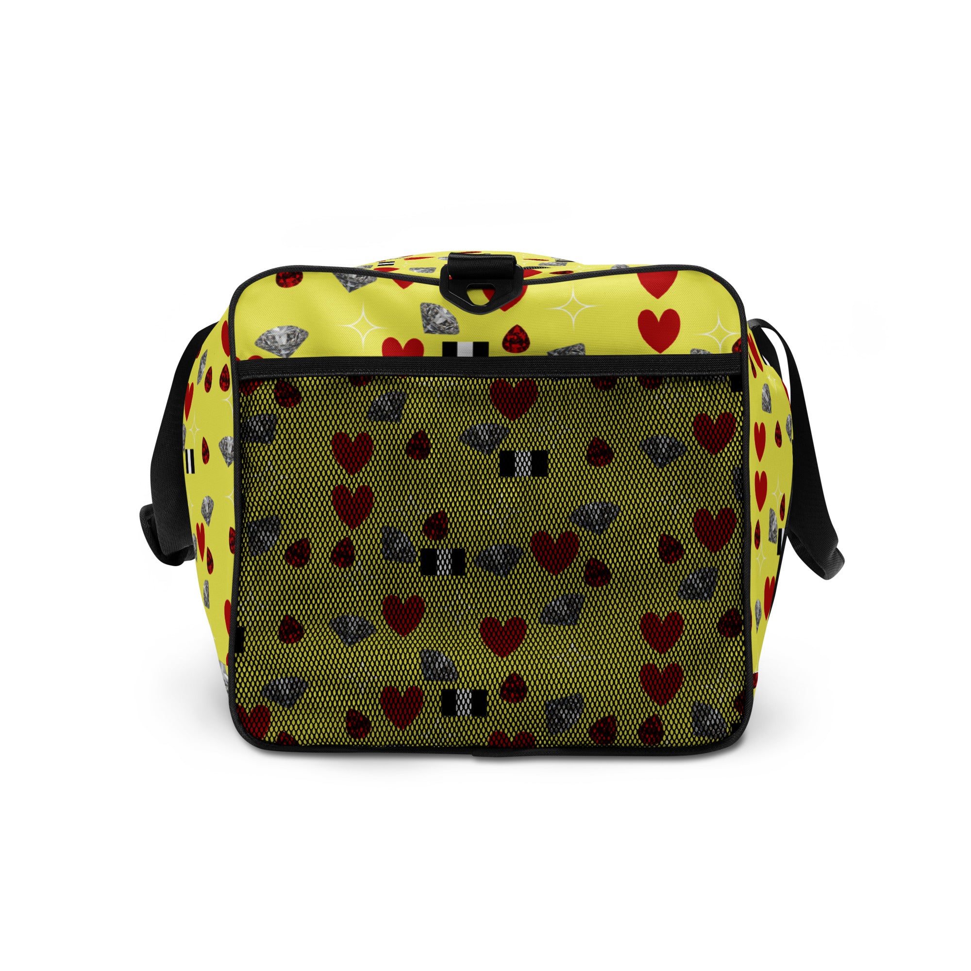 White all-over-print duffle bag featuring the Foreigners Luv Solar Butter design by Daemon Luxury, shown from the right side.