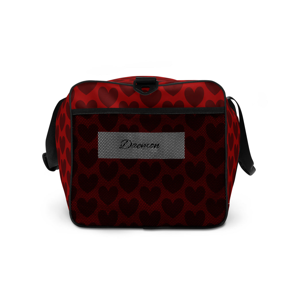 White Daemon Luxury Heartfelt Borsone duffle bag with all-over print, shown from the right side.