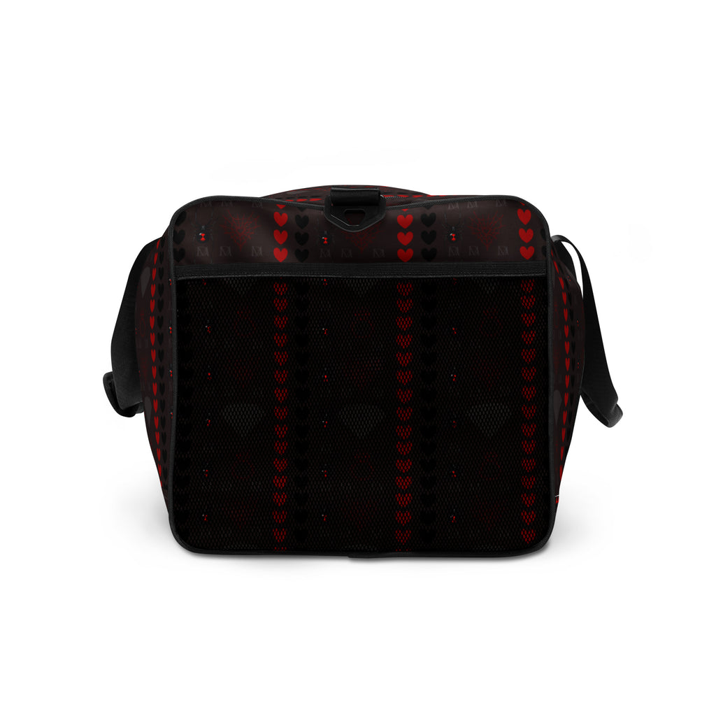 Daemon Luxury Supreme Models More Less Love white all-over-print duffle bag, right side view showcasing bold design.