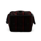Daemon Luxury Supreme Models More Less Love white all-over-print duffle bag, right side view showcasing bold design.