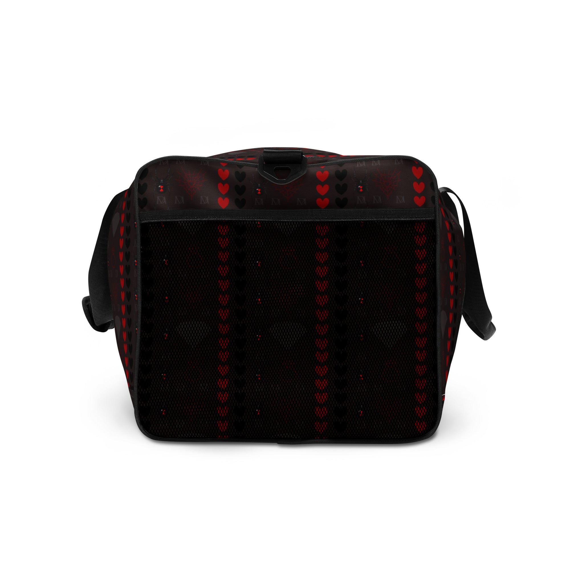 Daemon Luxury Supreme Models More Less Love white all-over-print duffle bag, right side view showcasing bold design.