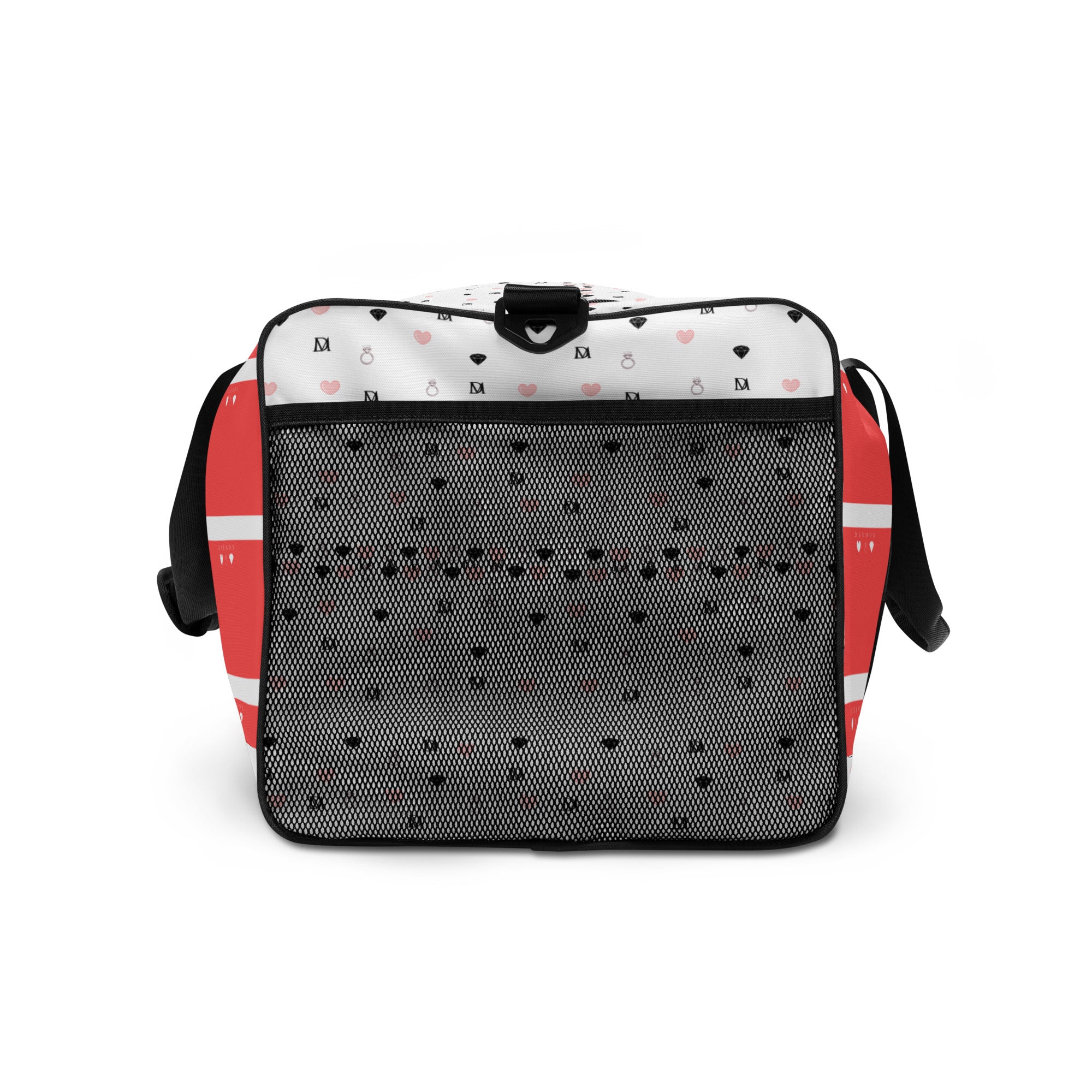 Daemon Luxury SACHI BANS Artica Blizzard duffle bag with all-over white print, right side view showing functional design and stylish details.