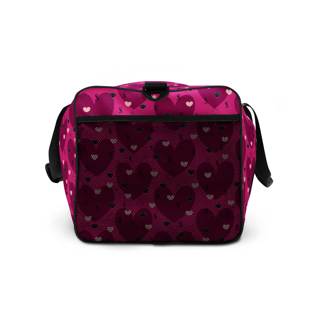 Heartfelt STF Little Magenta borsone duffle bag by Daemon Luxury with colorful all-over print, shown from the right side.