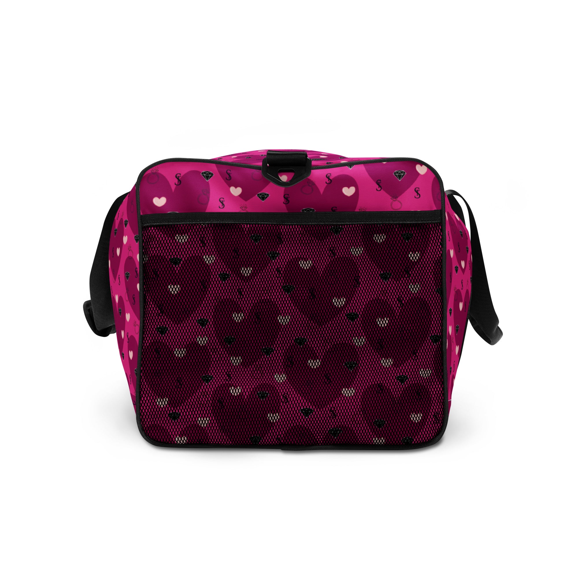 Heartfelt STF Little Magenta borsone duffle bag by Daemon Luxury with colorful all-over print, shown from the right side.