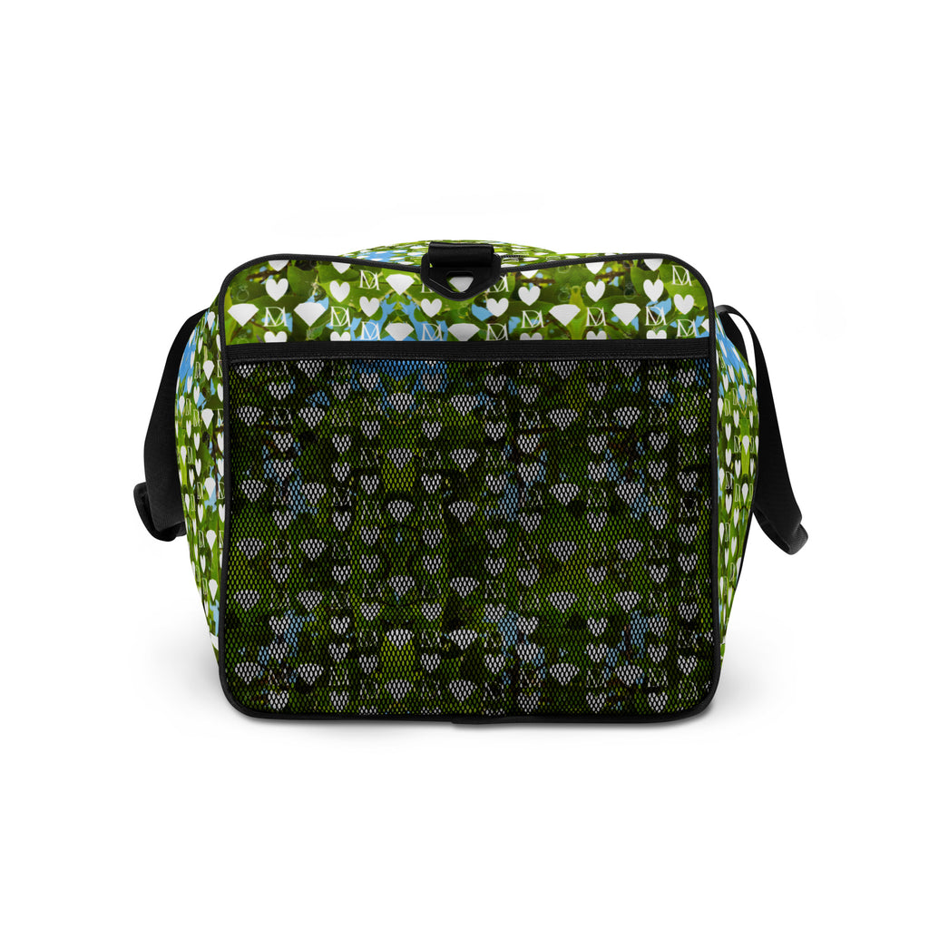 Daemon Luxury Belly Red’s Garden (Rebirth) Borsone duffle bag with all-over white print, showing right side view.