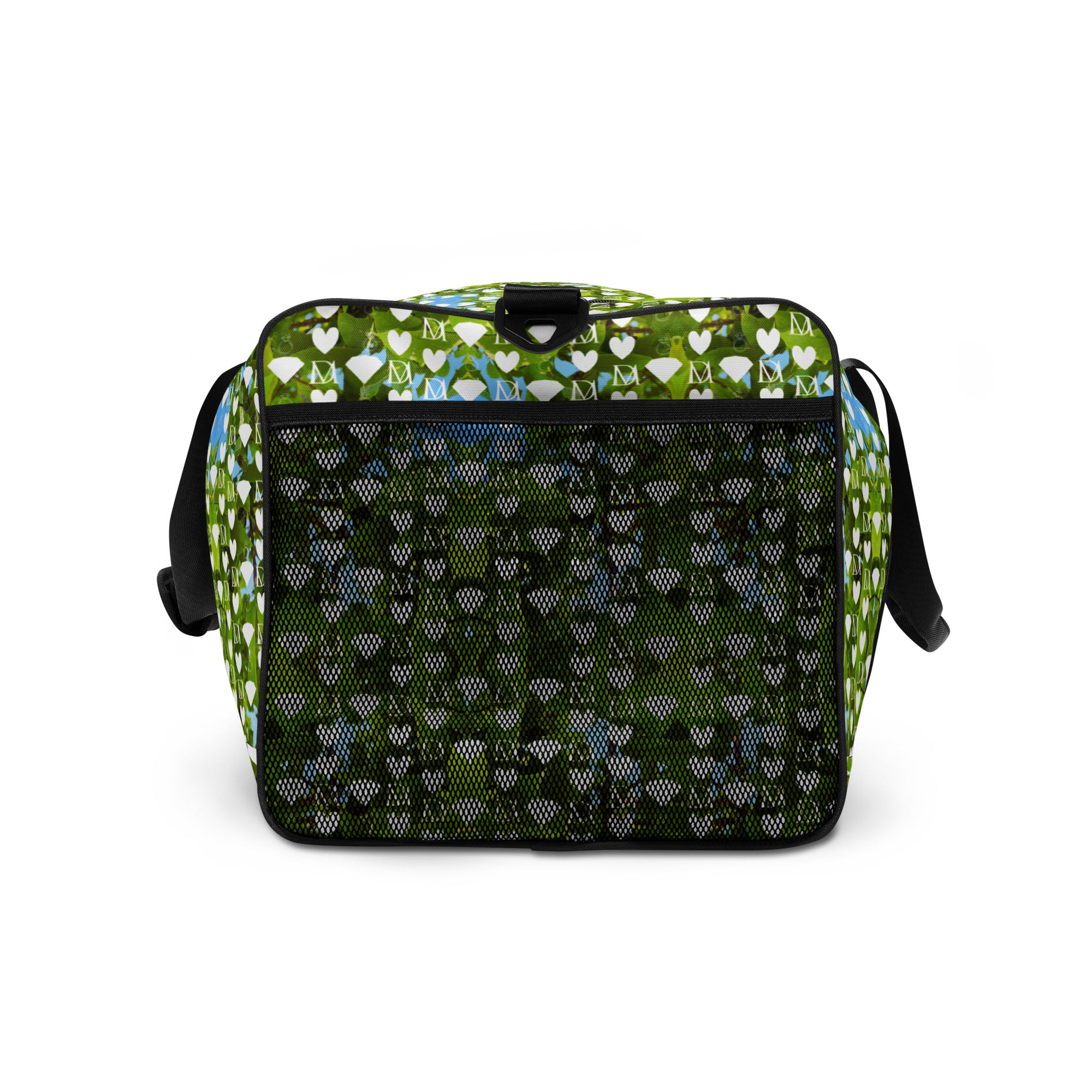 Daemon Luxury Belly Red’s Garden (Rebirth) Borsone duffle bag with all-over white print, showing right side view.