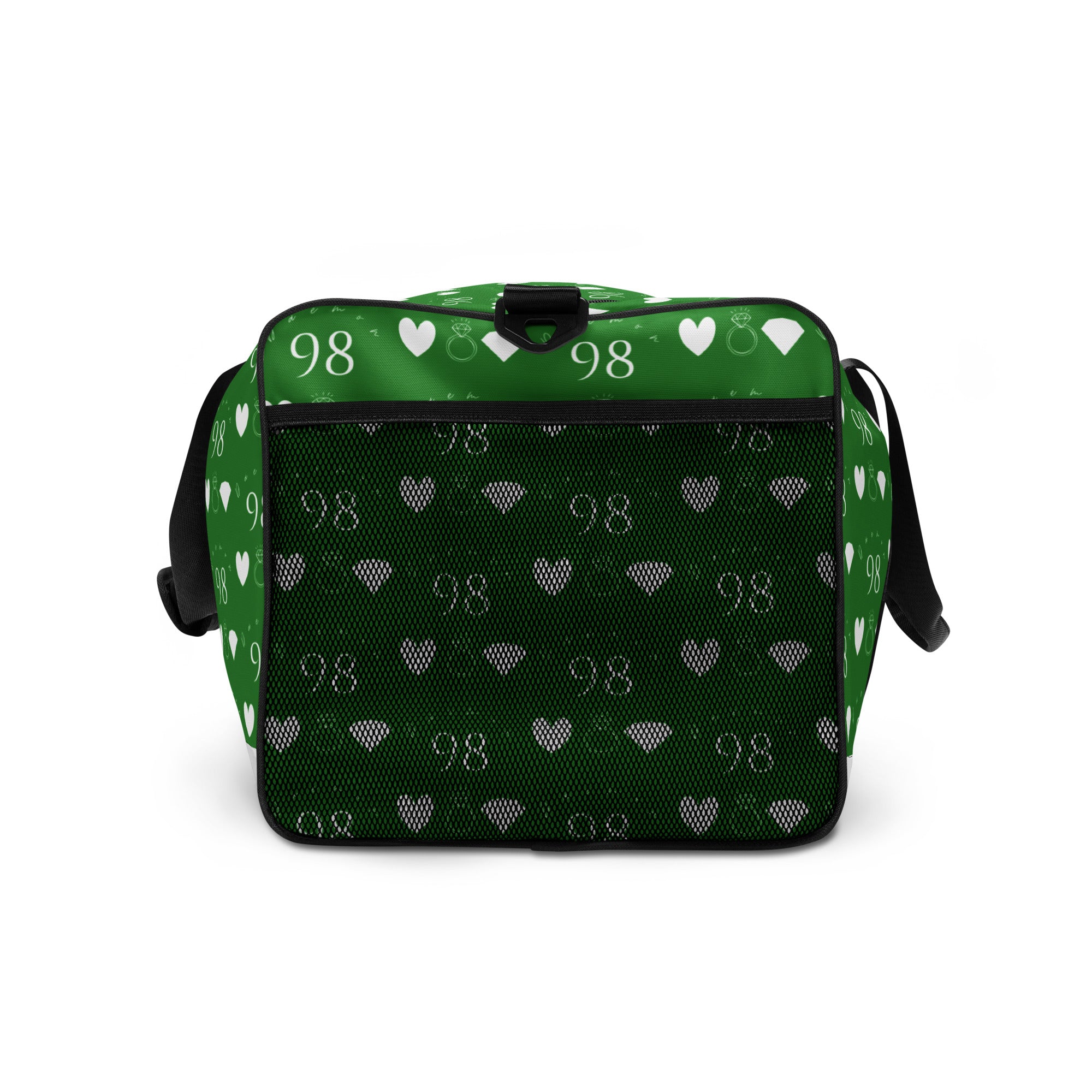 Daemon Luxury Belly Red’s Garden Borsone duffle bag with all-over floral print on white background, right side view.
