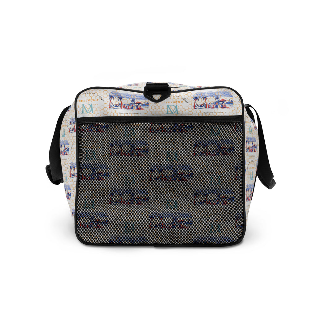 Daemon Luxury Honeybee Intel forecast duffle bag with all-over white print, featuring a spacious design and side view.