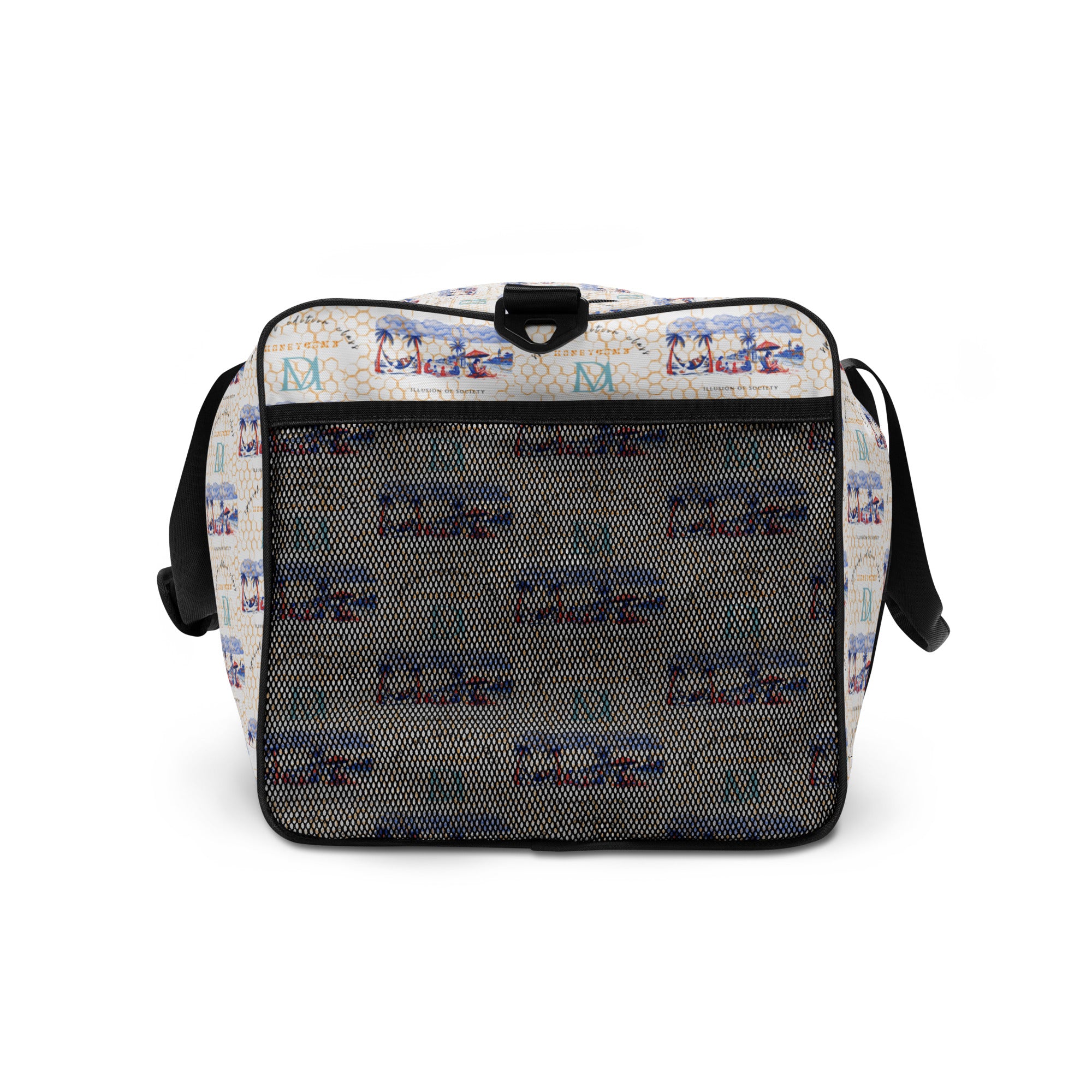 Daemon Luxury Honeybee Intel forecast duffle bag with all-over white print, featuring a spacious design and side view.
