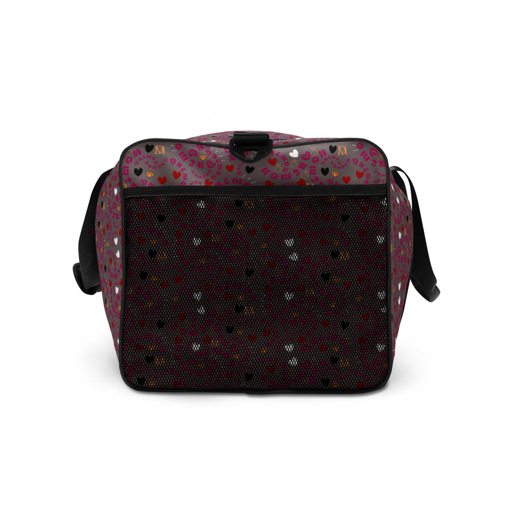Daemon Luxury Carnival Bay Picasso Mirrors duffle bag with all-over white print, shown from the right side.
