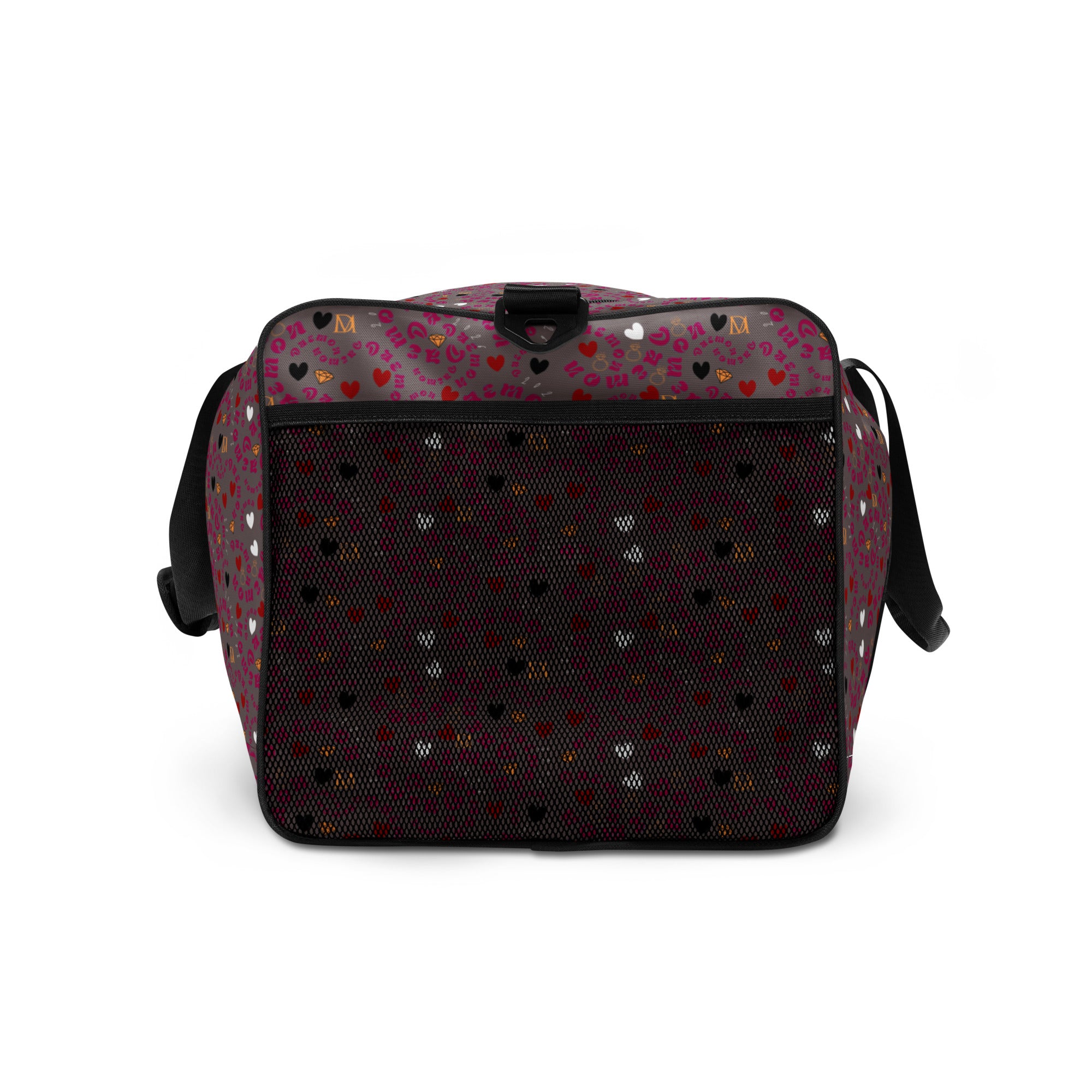 Daemon Luxury Carnival Bay Picasso Mirrors duffle bag with all-over white print, shown from the right side.