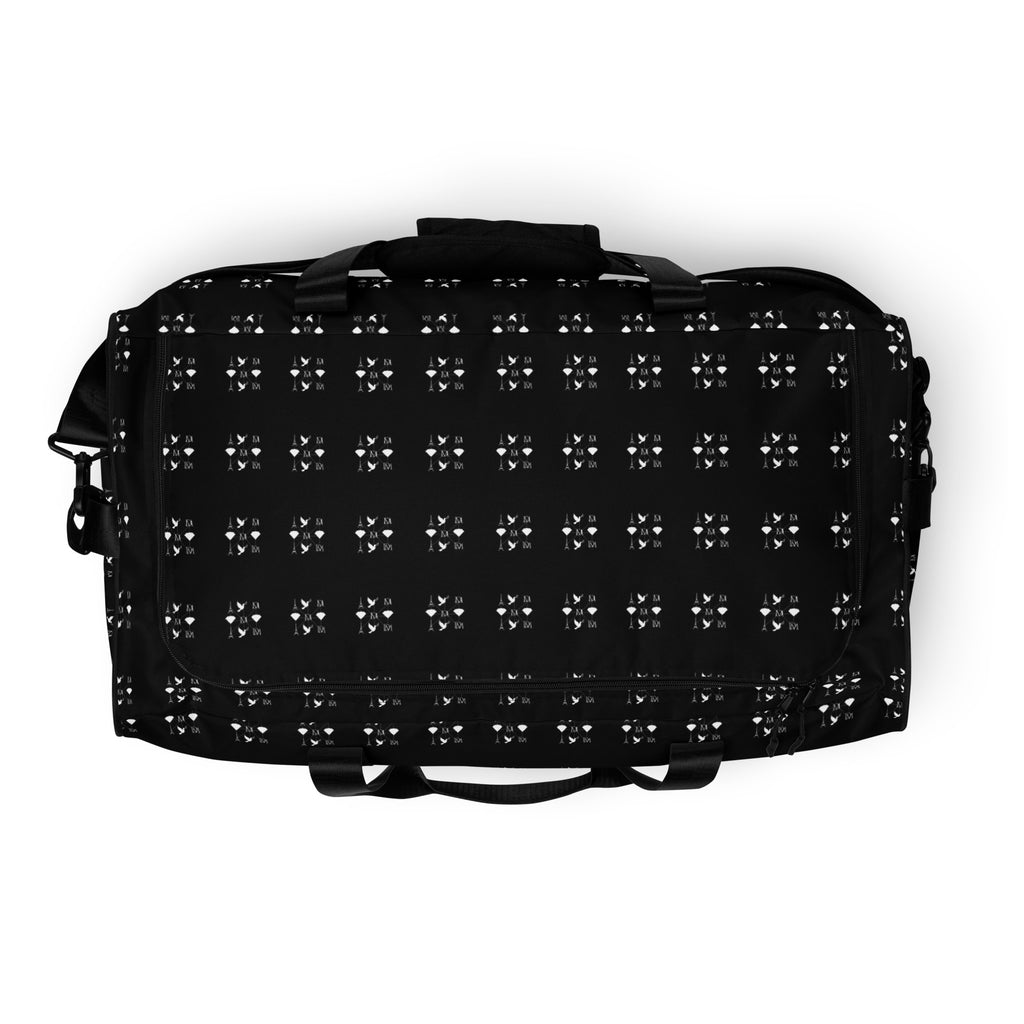 Daemon Makara Coroner borsone duffle bag with all-over white print, featuring sturdy handles and spacious main compartment.