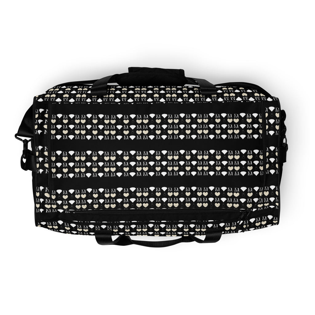 White all-over-print duffle bag with frosted diamond and rich love design by Daemon, showcasing its spacious, stylish carry space.