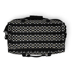 White all-over-print duffle bag with frosted diamond and rich love design by Daemon, showcasing its spacious, stylish carry space.