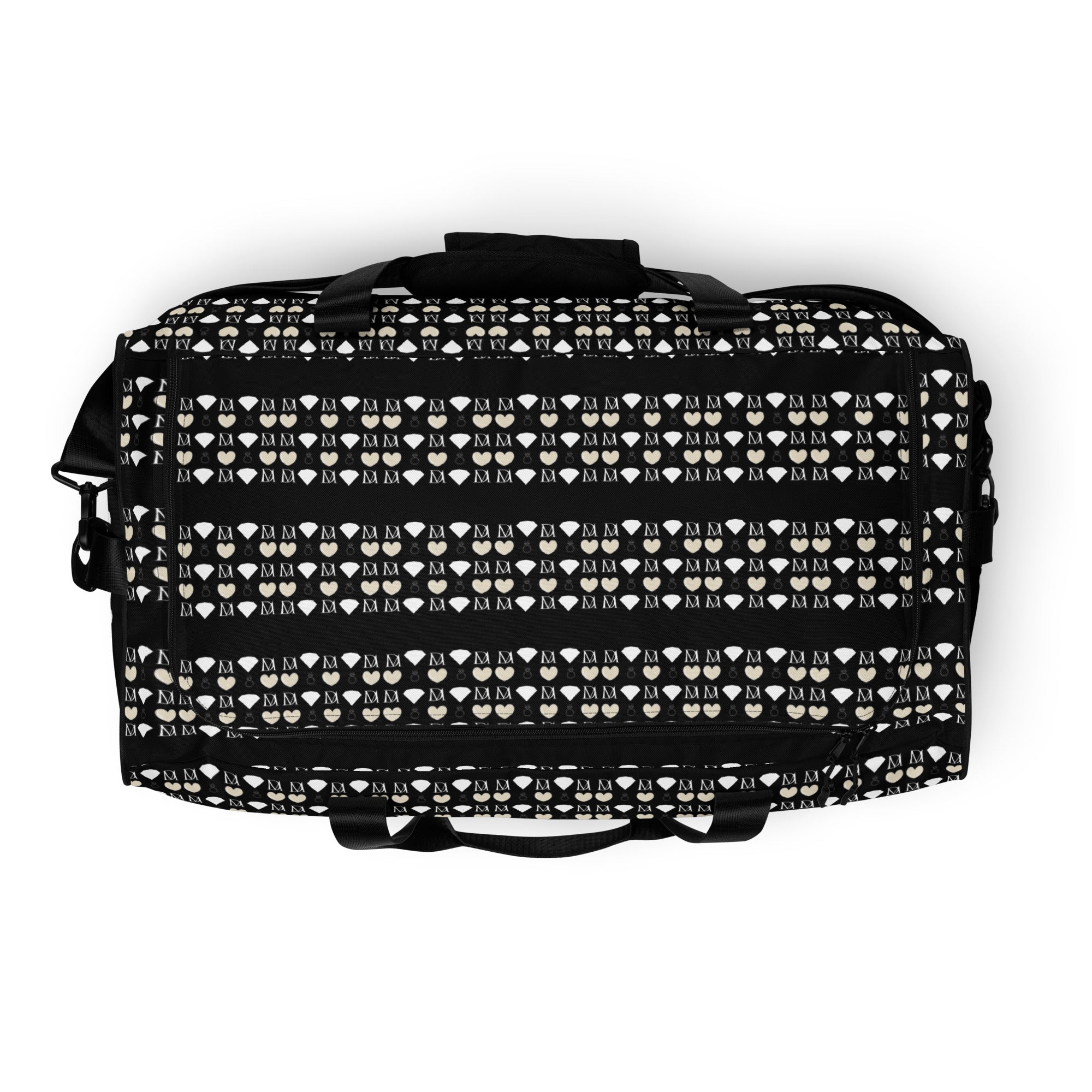 White all-over-print duffle bag with frosted diamond and rich love design by Daemon, showcasing its spacious, stylish carry space.
