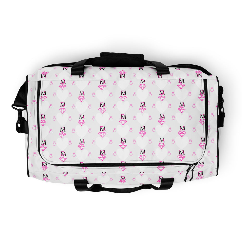White Daemon Luxury Frosted Hearts Artica duffle bag with all-over heart print and sturdy handles for travel and everyday use.