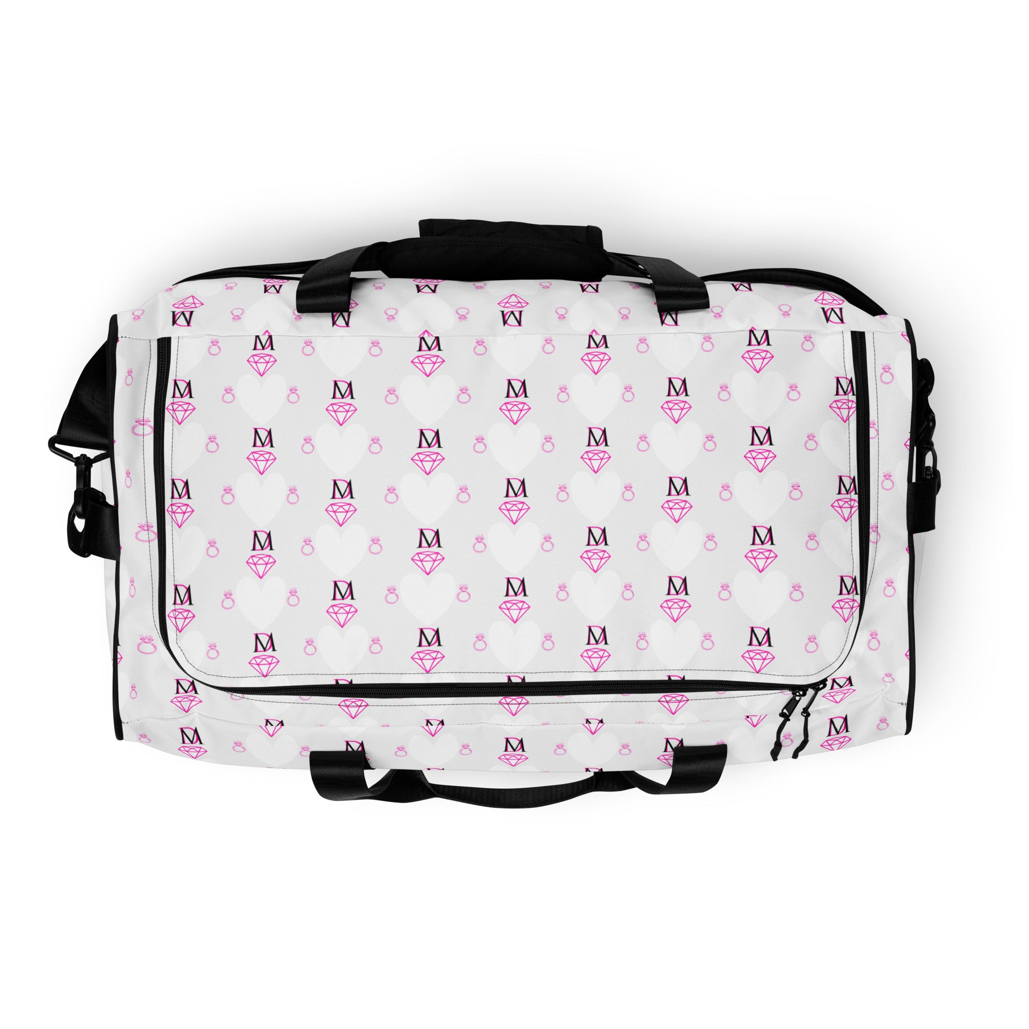 White Daemon Luxury Frosted Hearts Artica duffle bag with all-over heart print and sturdy handles for travel and everyday use.
