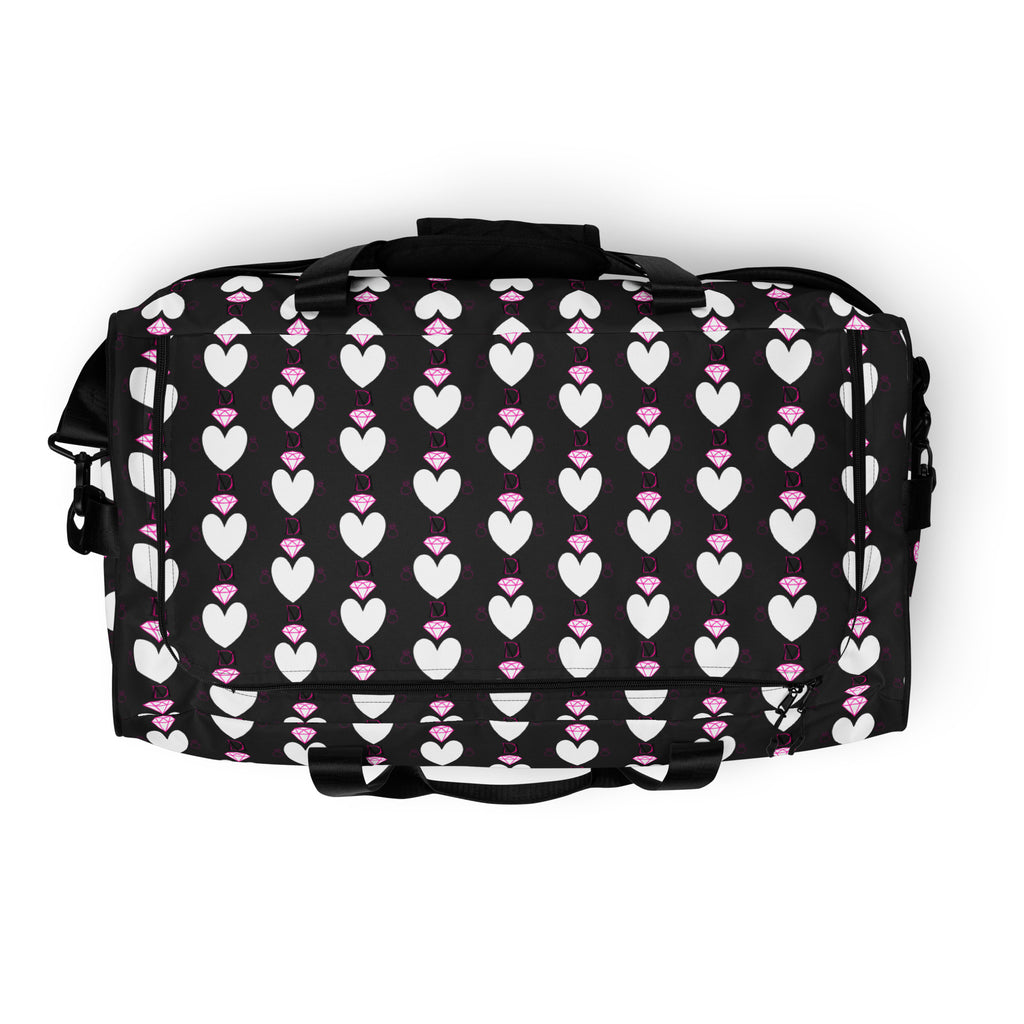 Daemon Luxury Frosted Hearts Nemesis duffle bag with all-over white print, featuring a stylish and spacious design.