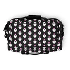 Daemon Luxury Frosted Hearts Nemesis duffle bag with all-over white print, featuring a stylish and spacious design.