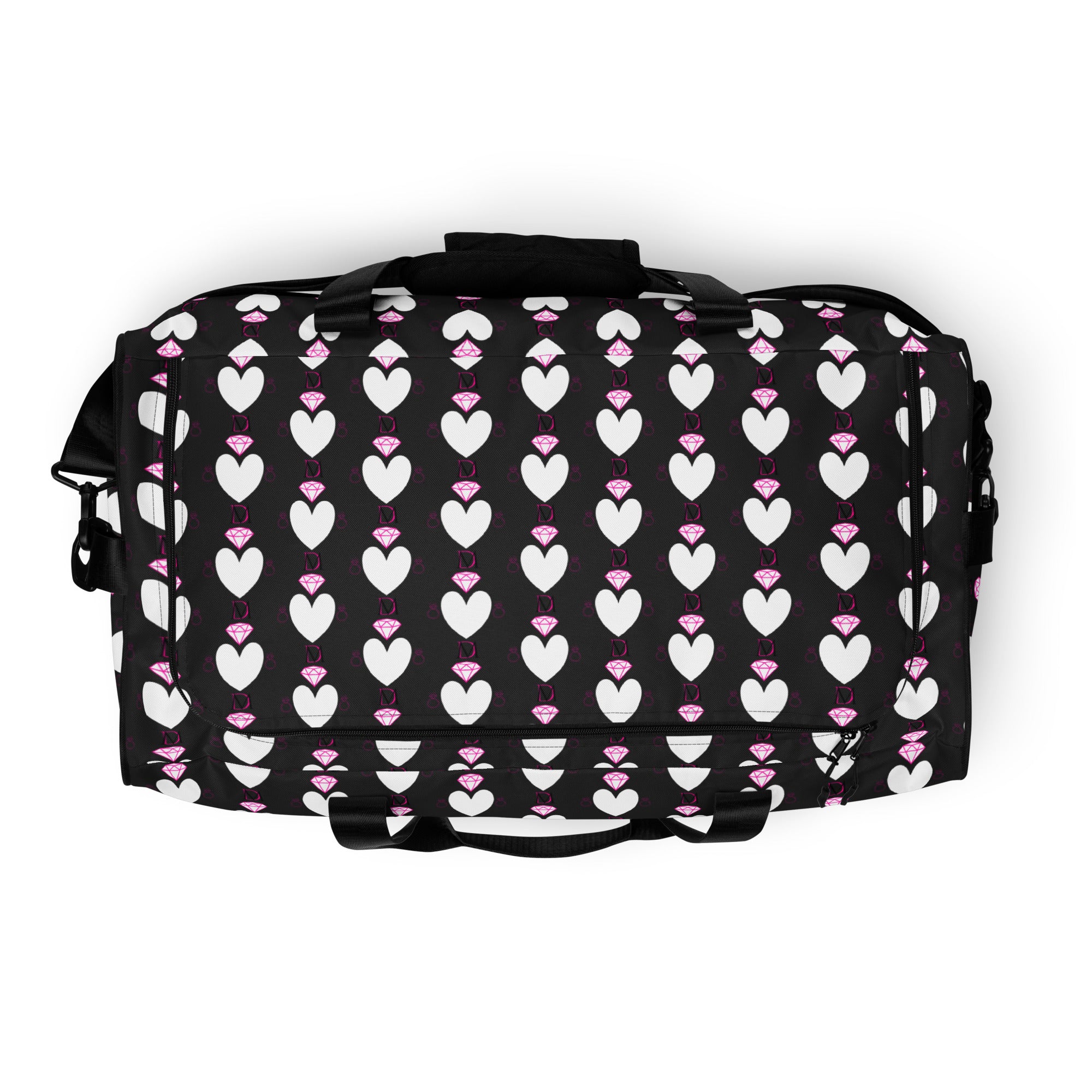 Daemon Luxury Frosted Hearts Nemesis duffle bag with all-over white print, featuring a stylish and spacious design.