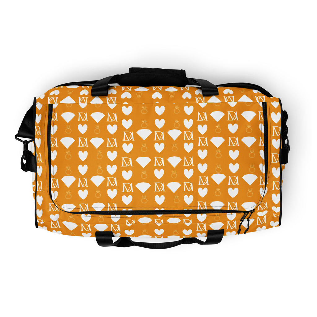 White all-over print duffle bag with frosted diamond and Tarmin Honeybees design by Daemon Luxury.