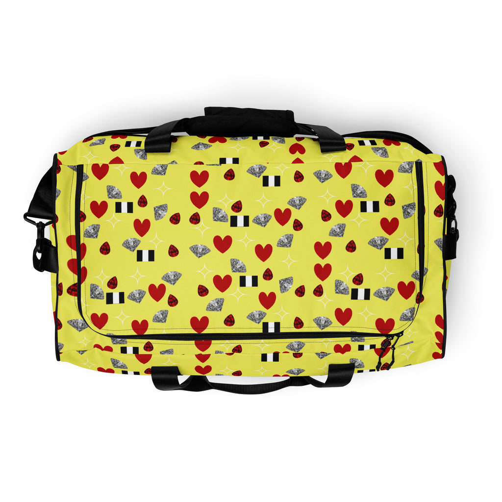 White all-over-print duffle bag featuring the Foreigners Luv Solar Butter design by Daemon Luxury.