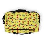 White all-over-print duffle bag featuring the Foreigners Luv Solar Butter design by Daemon Luxury.