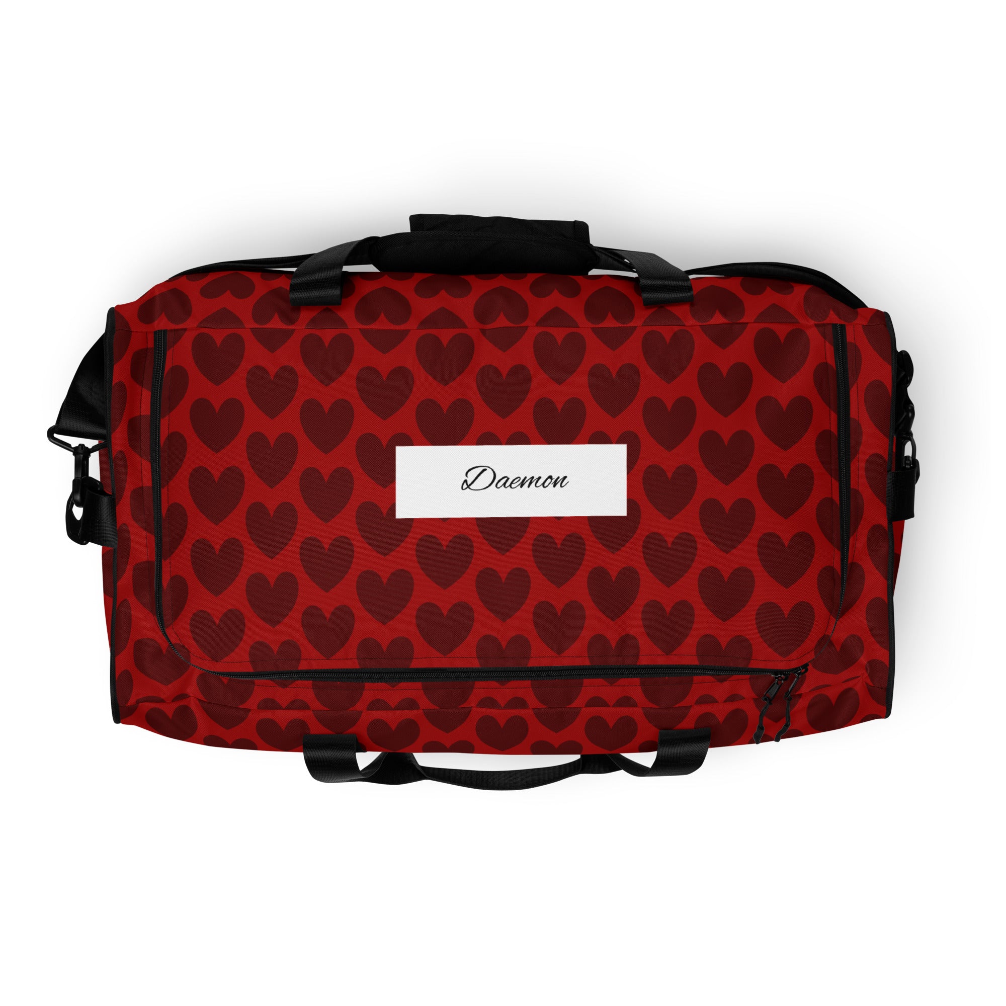 White all-over-print Heartfelt Borsone duffle bag by Daemon Luxury, featuring a sleek design and sturdy handles.