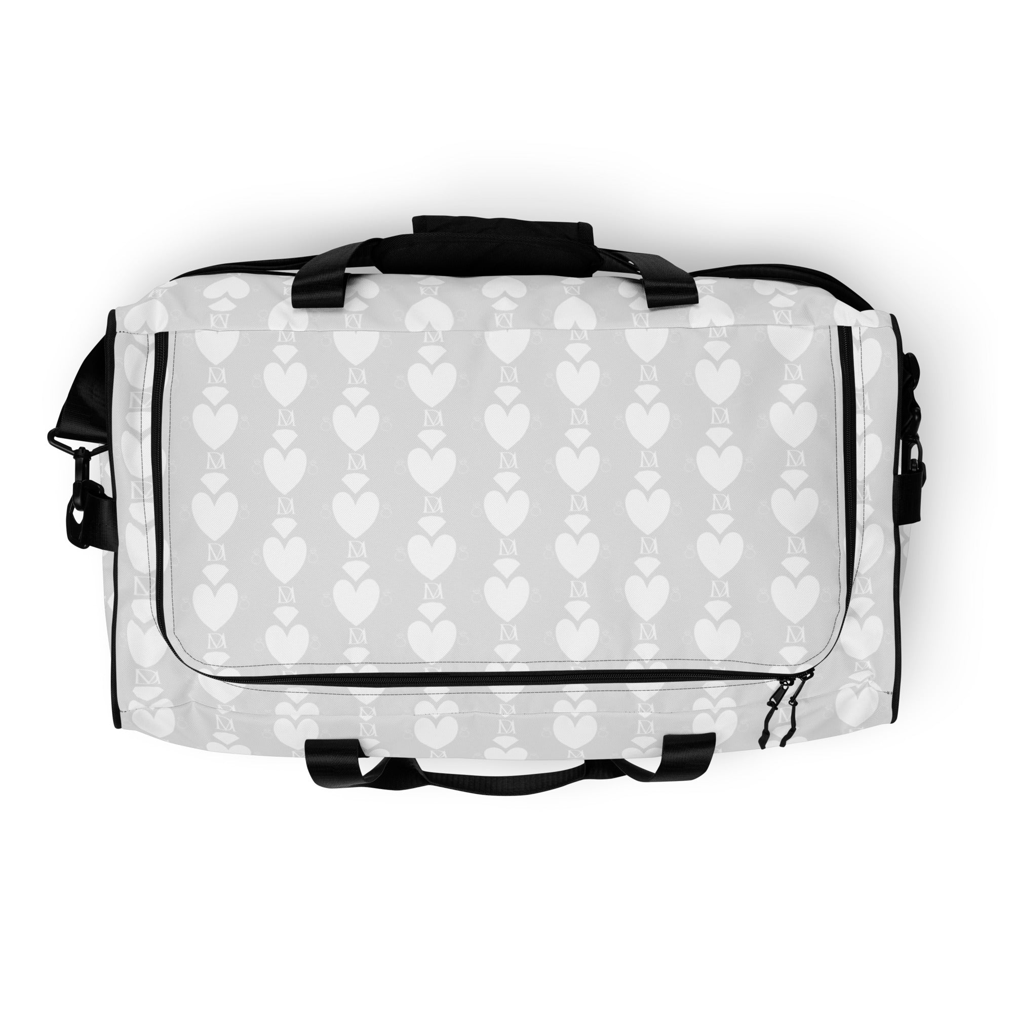 White Daemon Luxury Frosted Heartfelt sunless duffle bag with all-over print and sturdy handles.
