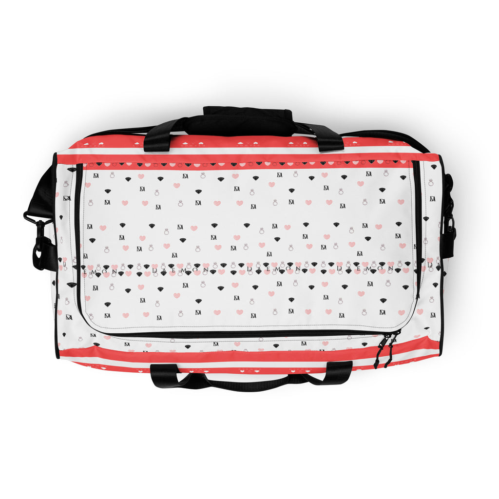 White all-over-print Daemon Luxury SACHI BANS Artica Blizzard duffle bag with sturdy handles and spacious main compartment.