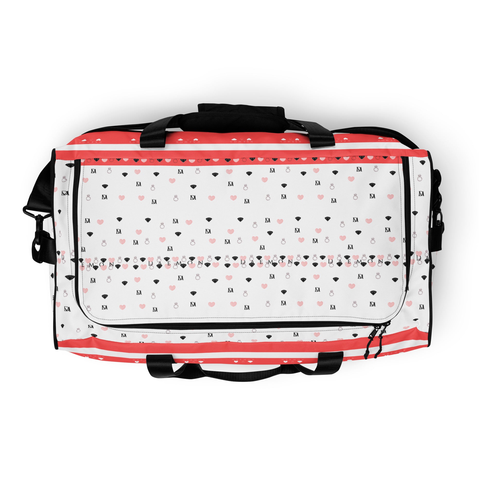 White all-over-print Daemon Luxury SACHI BANS Artica Blizzard duffle bag with sturdy handles and spacious main compartment.